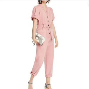 Lini Pink Denim Ruffle V-Neck Short-Sleeve Belted Crop Jumpsuit size XS